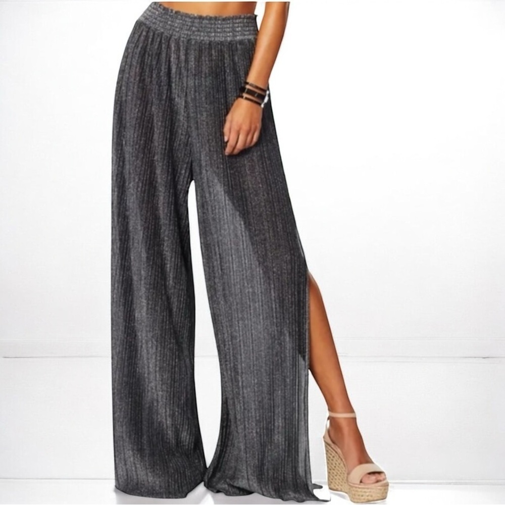 🌻NEW w/tags Ramy Brook Silver Metallic Black Pleated Athena Pants Size Large